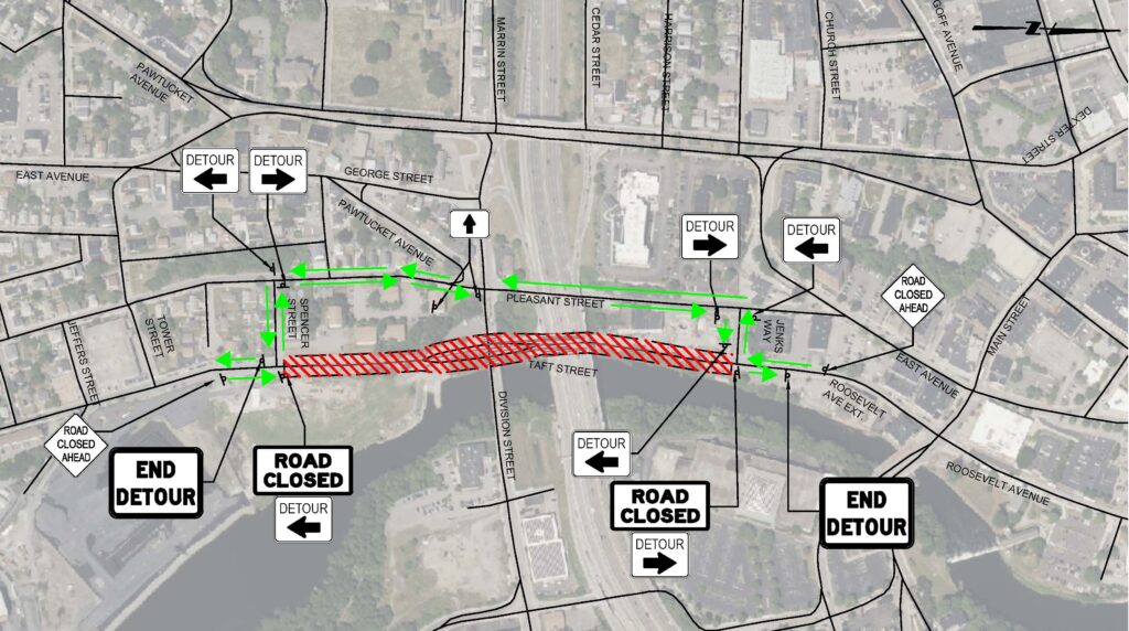 Map of traffic detours on Taft Street and Roosevelt Avenue.